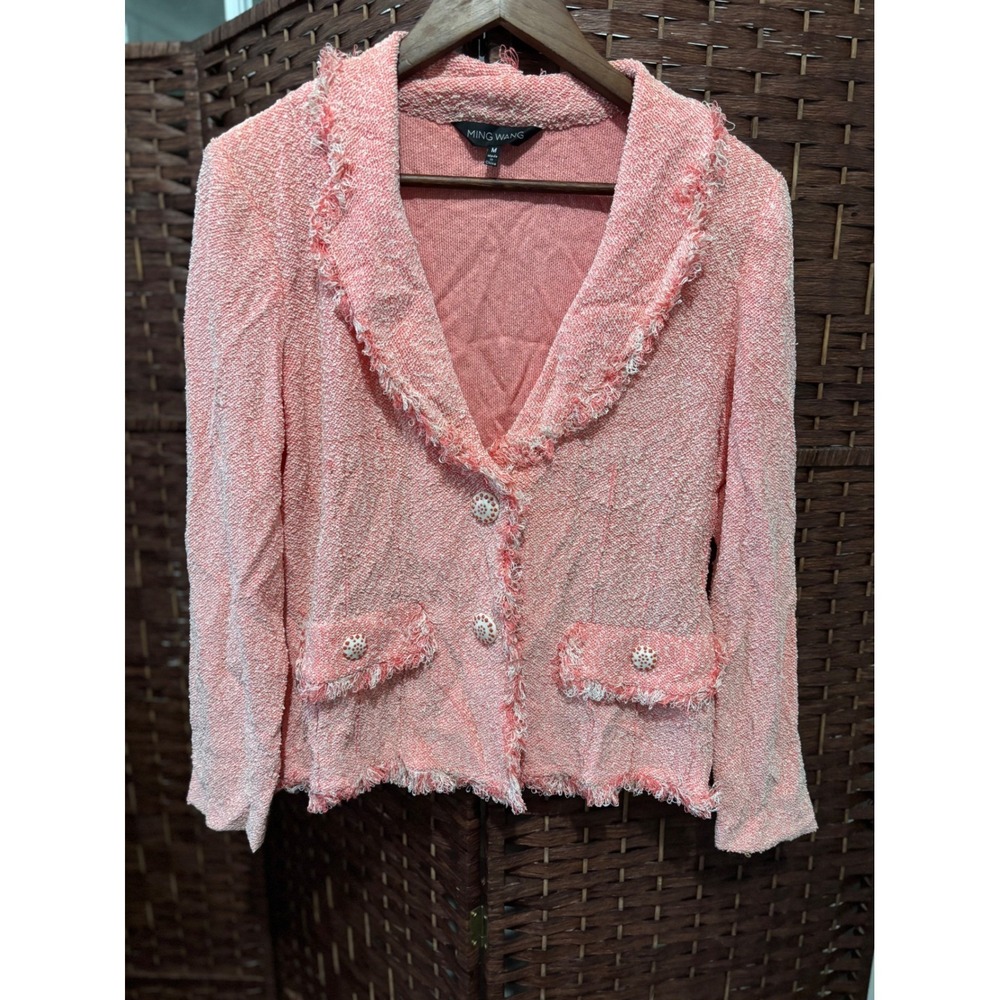Ming Wang Women's Pink Tweed‎ Jacket Fringed Blazer Textured Career